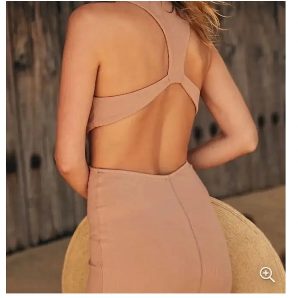 NWT FP Beach Cutout Bodycon Mini Dress XS Ribbed Halter Backless Tan Neutral